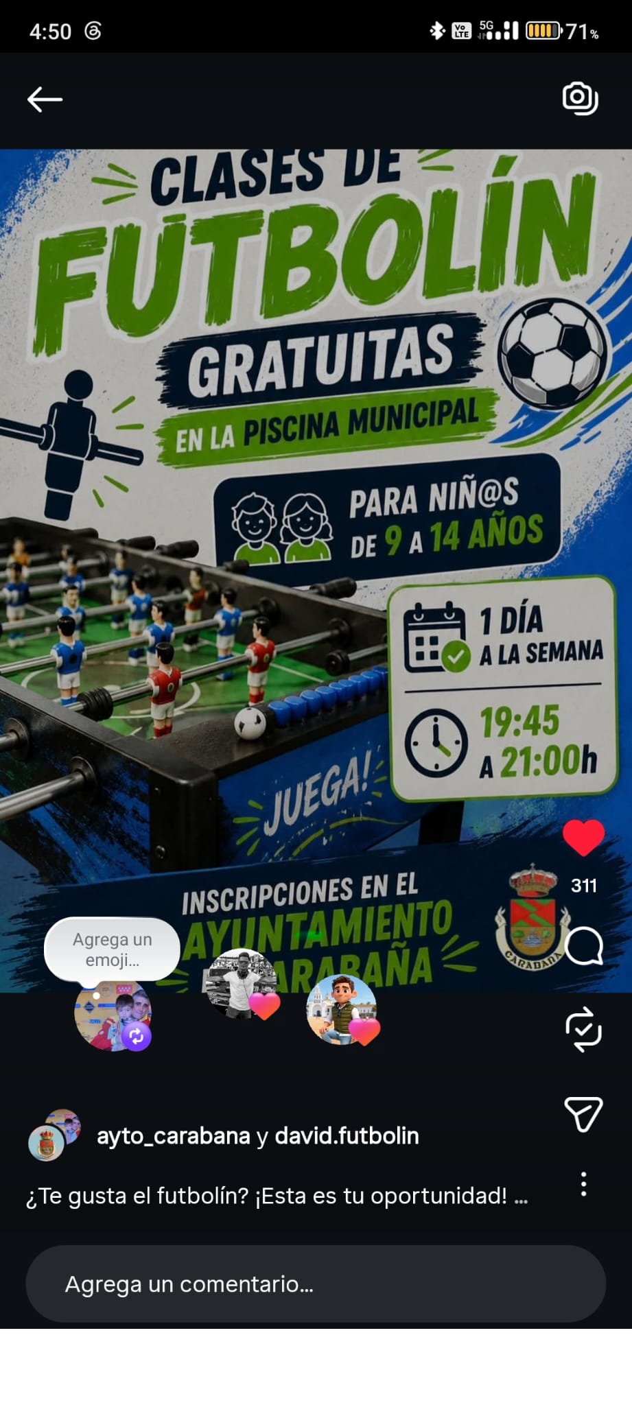 Jornada de clases abiertas de futbolín en Carabaña con familias y vecinos